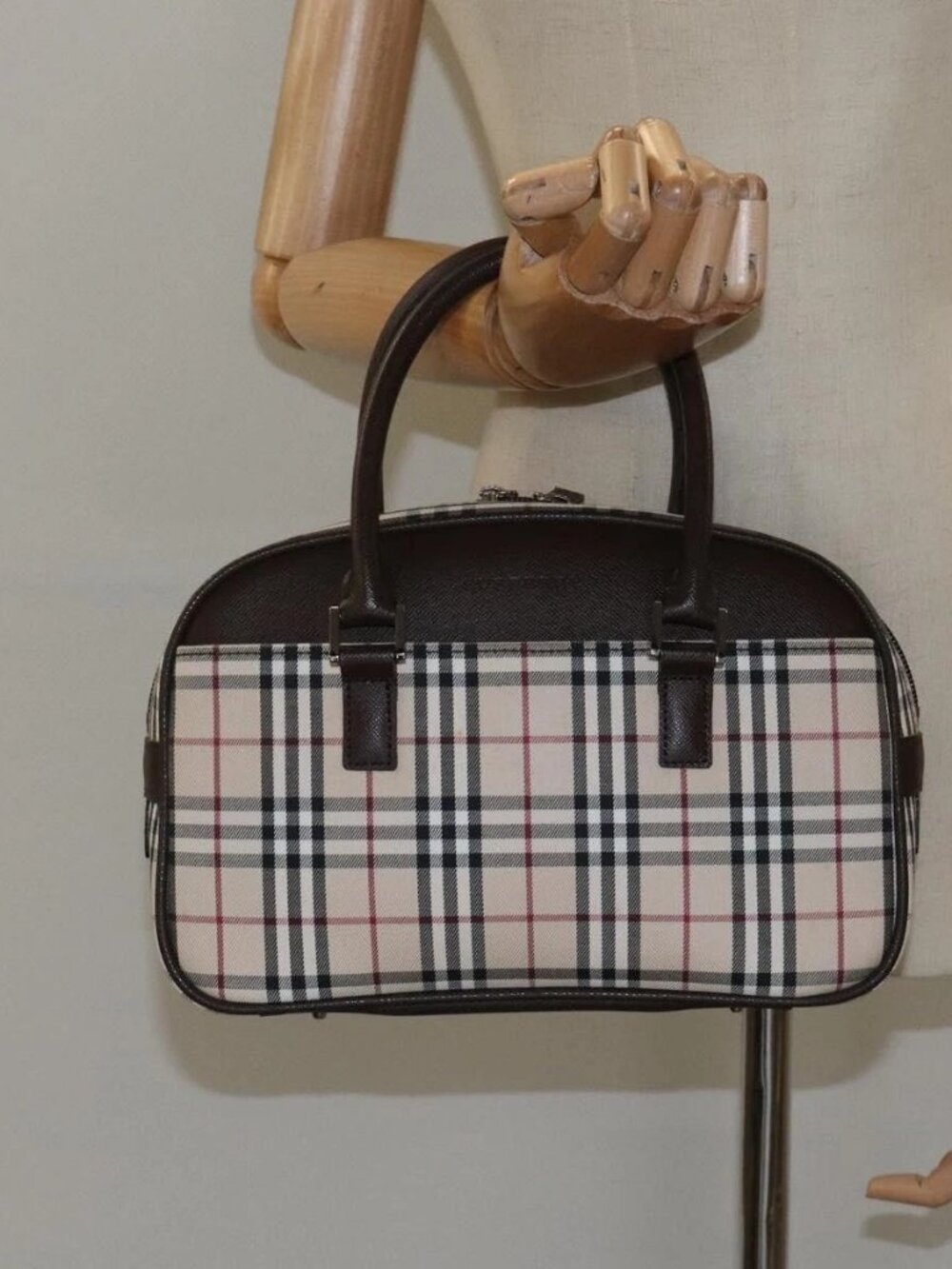 BURBERRY Nova Check Hand Bag Canvas Beige Silver Auth am8470